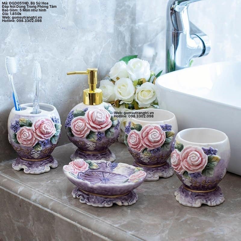 BỘ SỨ HOA ĐẮP NỔI DÙNG TRONG PHÒNG TẮM